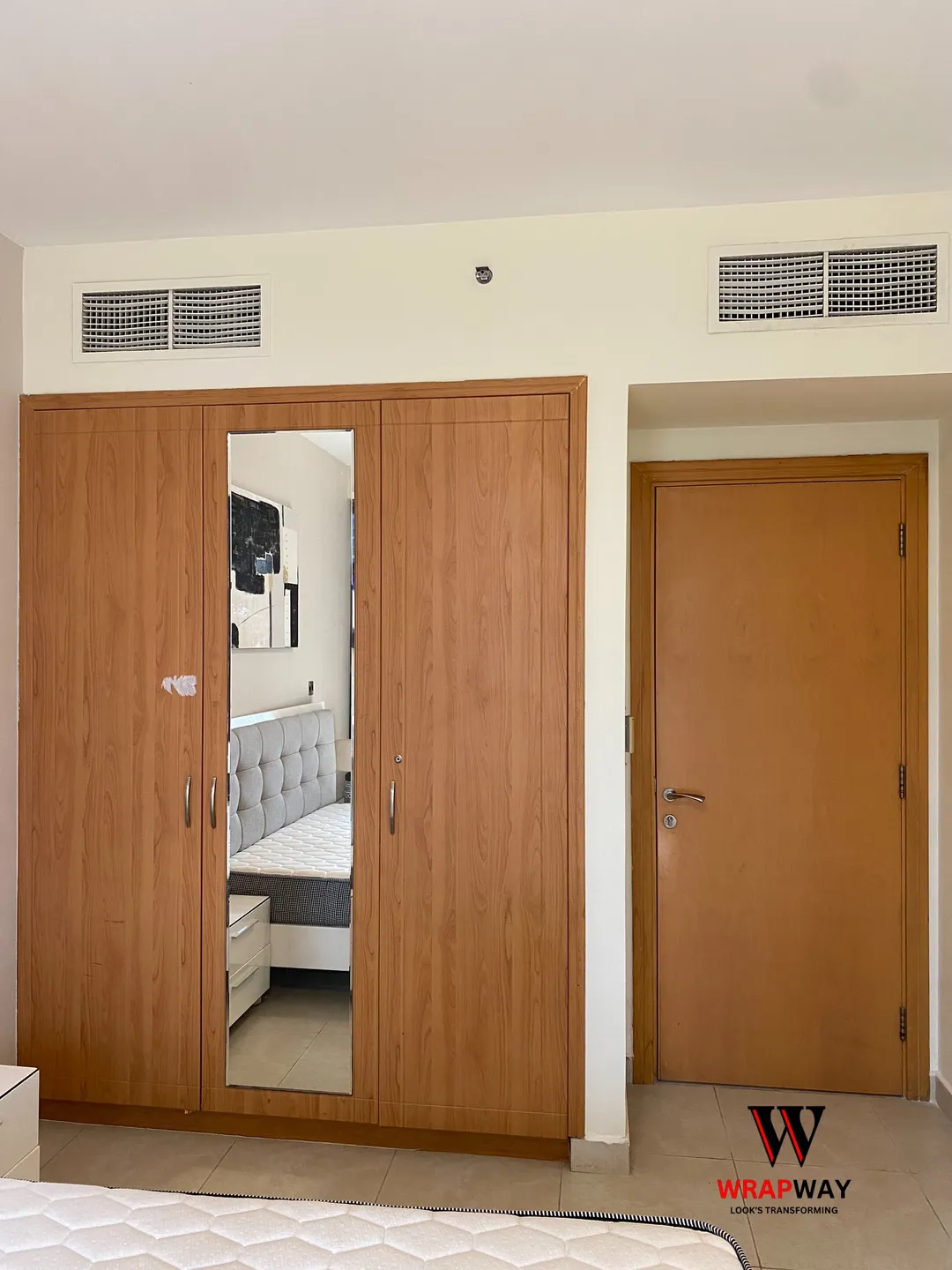 Dubai wardrobe wrapping in walnut finish — before